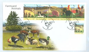 New Zealand 1991-76 farm animals: srip of 5 + self adhesive (pig, rooster, dog, & sheep) on a cacheted unaddressed FDC