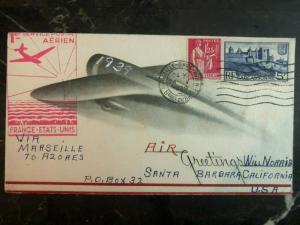 1939 Marseille France postcard First Flight Cover FFC to St Barbara Ca USA