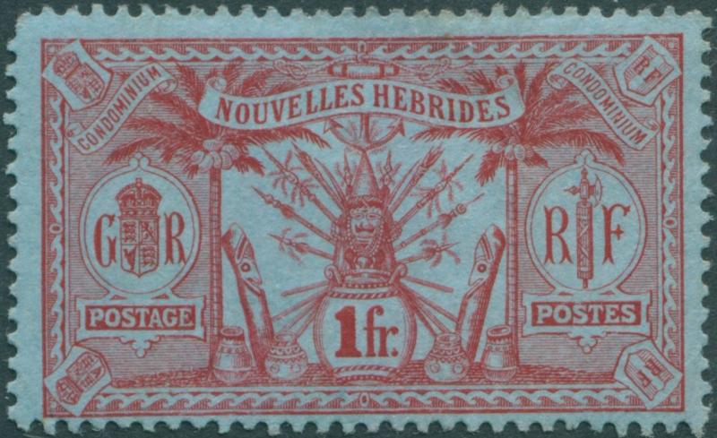 New Hebrides French 1913 SGF30 1f red/blue Weapons Idols MH