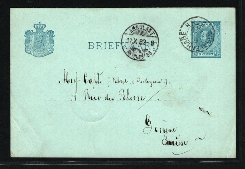 Netherlands Card Hague Switzerland RAILWAYS Geneva TPO Ambulant CDS 1882 DD246