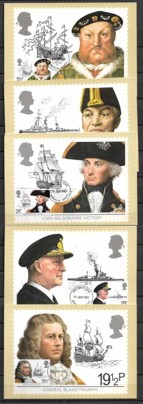 GB UK STAMPS, 1982, SET OF 5 MAXI CARDS MC MAXIMUM CARDS MARITIME HERITAGE