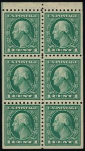 US # 462a 1c Booklet Pane, mint never hinged, extermely well centered for thi...