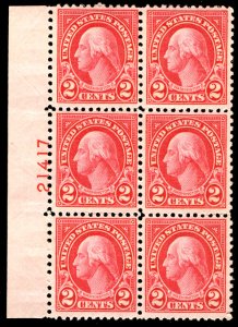 US #634 PLATE BLOCK of 6, VF/XF mint never hinged, super fresh color,  nice p...