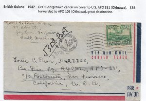 1947 Georgetown, British Guiana to APO 331 (Okinawa), Airmail fwd to ... (56444)