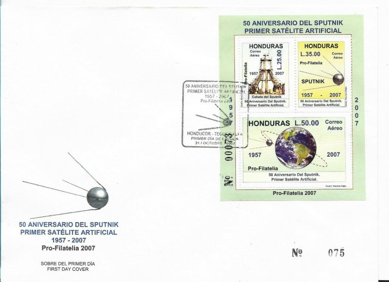 HONDURAS 2007 50 YEARS OF SPUTNIK LAUNCH SPACE SATELLITE 2 SOUVENIR SHEET ON FDC