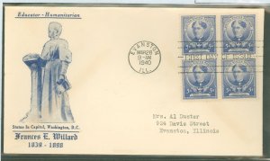 US 872 1940 5c Frances Willard, Educator (part of the Famous Americans series) bl of 4 on an addressed (typed) FDC with a Boy...