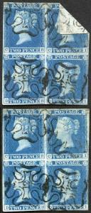 1841 2d Blue (CH/DI) Block of 4 with 12 in Cross with a GREAT Paper Fold