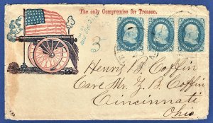 [sto100] 1861 Scott#63 Strip of 3 on Civil War Patriotic Cover