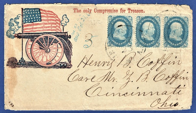 [sto100] 1861 Scott#63 Strip of 3 on Civil War Patriotic Cover