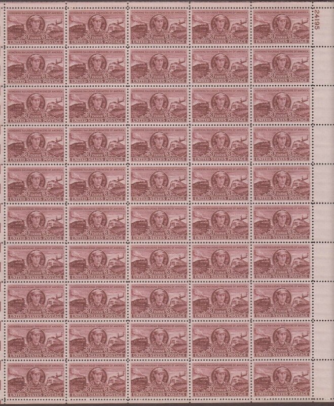 US,993,RAILROAD ENGINEERS.,MNH VF, FULL SHEET,1950'S COLLECTION,MINT NH 