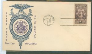 US 897 1940 50th anniv of Wyoming statehood on an unaddressed  FDC with a cachet by an unknown publisher