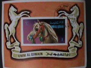 UMM AL QIWAIN-1971 BEAUTIFUL LOVELY HORSE -CTO-IMPERF S/S VF-LAST ONE