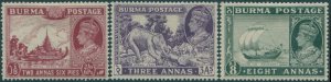 Burma 1938 SG25-29 Royal Barge, Burma Teak, River Irrawaddy, 3 values KGVI MH