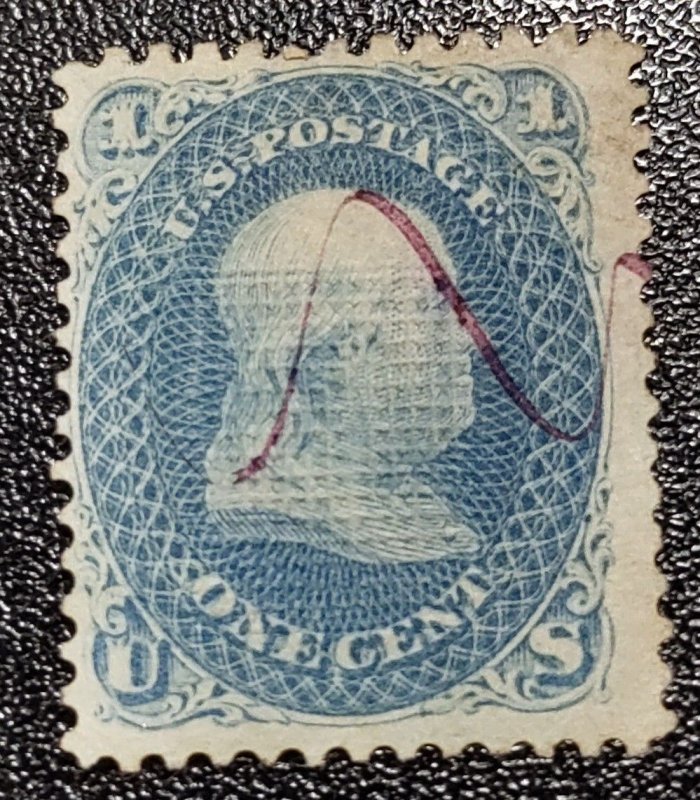 Scott Stamp# 86-Used 1867 1¢ Franklin, blue.  E Grill.  Sound. SCV $450.00