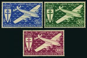 French West Africa C1-C3,MNH.Mi 24-26. Air Post 1945.Cross of Lorraine,Plane.