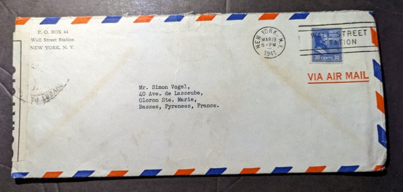 1941 Censored USA Airmail Cover New York NY to Basses Pyrenees France