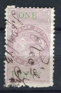 NEW ZEALAND; 1870s early classic QV Stamp Duty issue fine used 1d. value