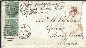 London to Galva, ILL 1864 Red N.Y. Packet h/s, Sc #42 x 2 (1 Shilling) (47464)