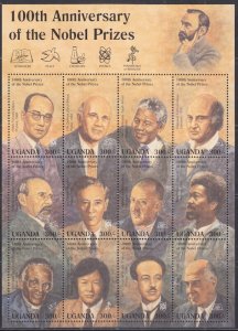 UGANDA Sc #1374a-f MNH SHEET of 12 100th ANN of NOBEL PRIZE - NOBEL LAUREATES