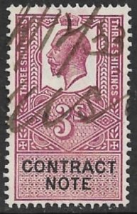 GREAT BRITAIN 1921 KGV 3sh CONTRACT NOTE Revenue Bft.29 VFU