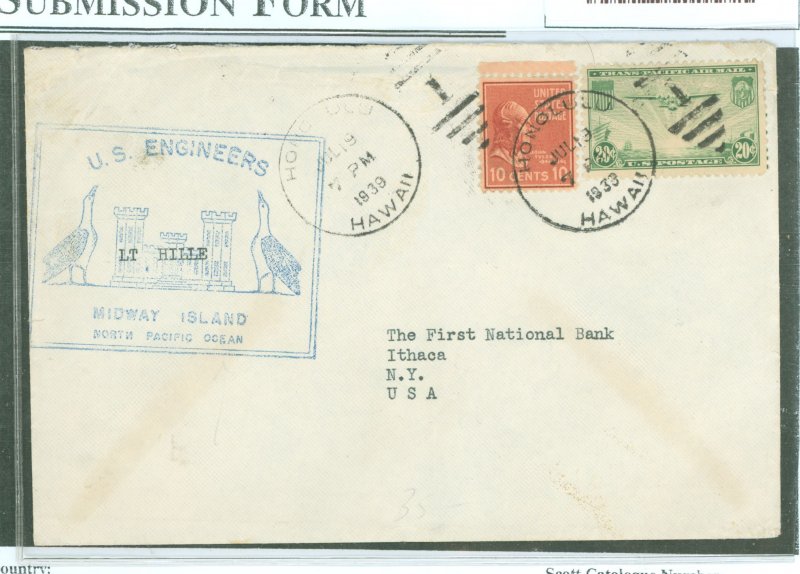 US 815/C21 a 20c clipper partially paid the 30c per half ounce air mail rate to fly this July, 1939 cover via FAM 14 to the US m