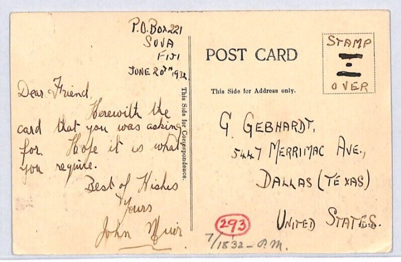 FIJI KGV VIEW-SIDE Postcard *MOUNTAINEER'S CHILDREN* Ethnic PPC 1932 Texas PJ13