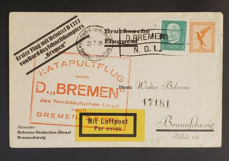 1929 Germany Brunswick D Bremen Heinkel D 1717 Catapult Sea Post Air Mail Cover