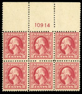 United States, 1910-30 #526 Cat$240, 1920 2c carmine, plate block of six, hinged