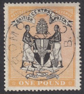 SG 29 British Central Africa 1895. £1 black & yellow-orange. Very fine used...
