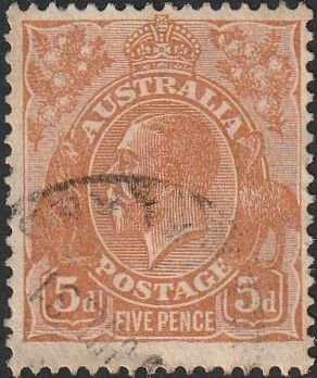 Australia 1930 Sc#75, SG#103a 5d Orange Brown KGV Head USED-VF-LHM.