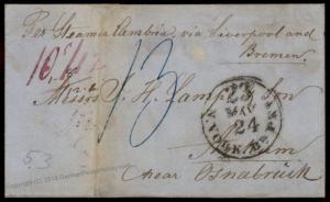 USA 1853 NYC Aachen Minden Ankum Germany Transatlantic Mail Stampless Vorp 77448