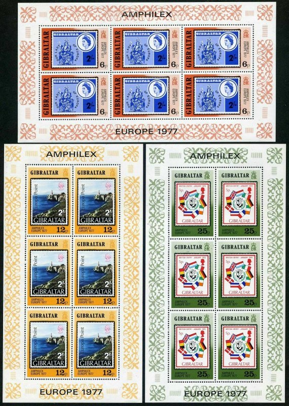 Gibraltar 356-358 sheets,MNH.Michel 364-366 klb. AMPHILEX-1977,CEPT-1977.