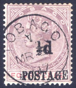 Tobago 1896 1/2d on 4d Lilac & Rose  Scott 31 SG 33 VFU Used Cat $57