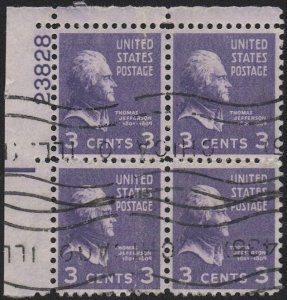 US 1938  Sc 807 3c Prexy Used Plate Block #23838, Chicago cancel