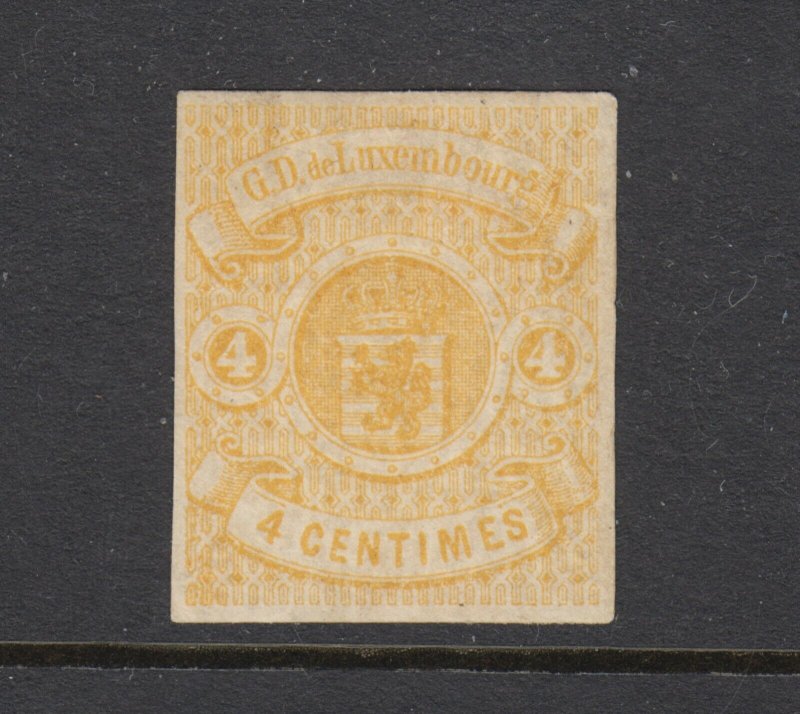 Luxembourg Sc 6 MLH. 1860 4c yellow Coat of Arms, four margins, corner thin spec 