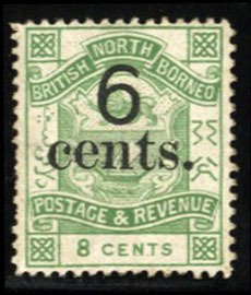 North Borneo #52 Cat$25, 1891 6c on 8c green, unused (regummed)