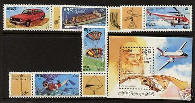 Cambodia 1212-7 MNH Aircraft, Ship, Car, Diver, Parachute