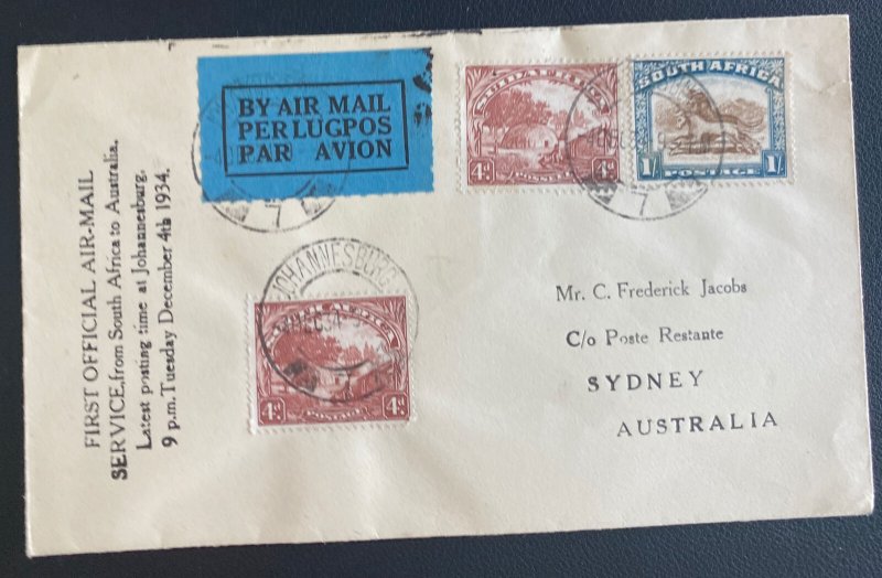 1934 Johannesburg South Africa Flight Flight Airmail Cover to Sydney Australia