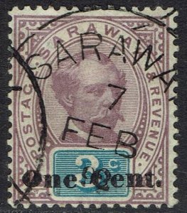 SARAWAK 1889 RAJA BROOKE ONE CENT ON 3C SG TYPE 5 USED