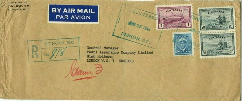 $1.45 high value Registered DUNCAN B.C. to England 1948 cover Canada