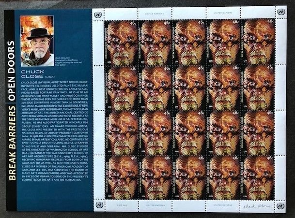 United Nations New York 1072 MNH, Sheet of 20 stamps + Biography of Chuck Close