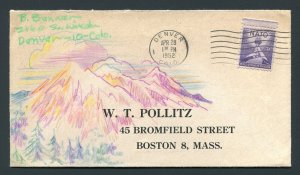1952 Denver, Colorado to Boston, Massachusetts - Hand Drawn Mountain Scene