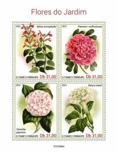 Sao Tome & Principe 2021 MNH Garden Flowers Stamps Camellias Peonies 4v M/S 