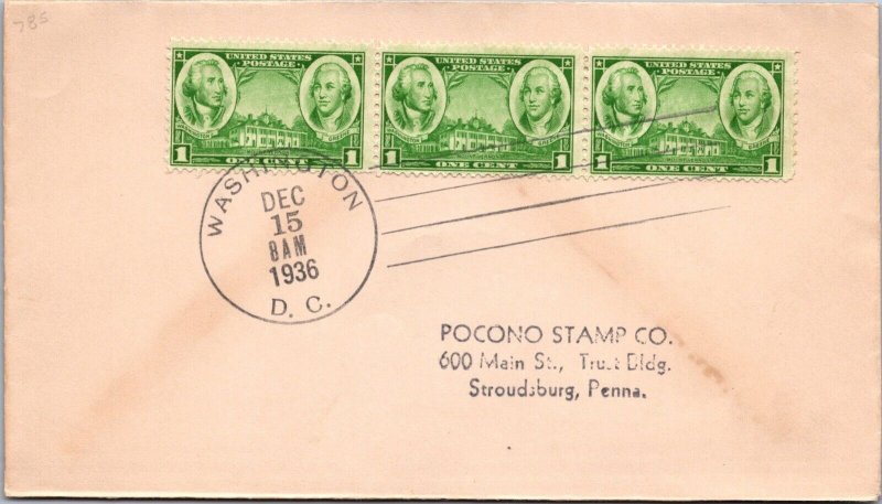 FDC 1936 SC #785 No Cachet - Washington DC - Strip Of 3 - J4101