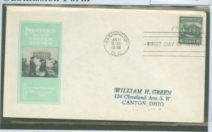 US 809 1938 4.5c White House (part of the prexy series) single on an addressed FDC with an loor cachet