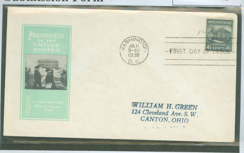 US 809 1938 4.5c White House (part of the prexy series) single on an addressed FDC with an loor cachet