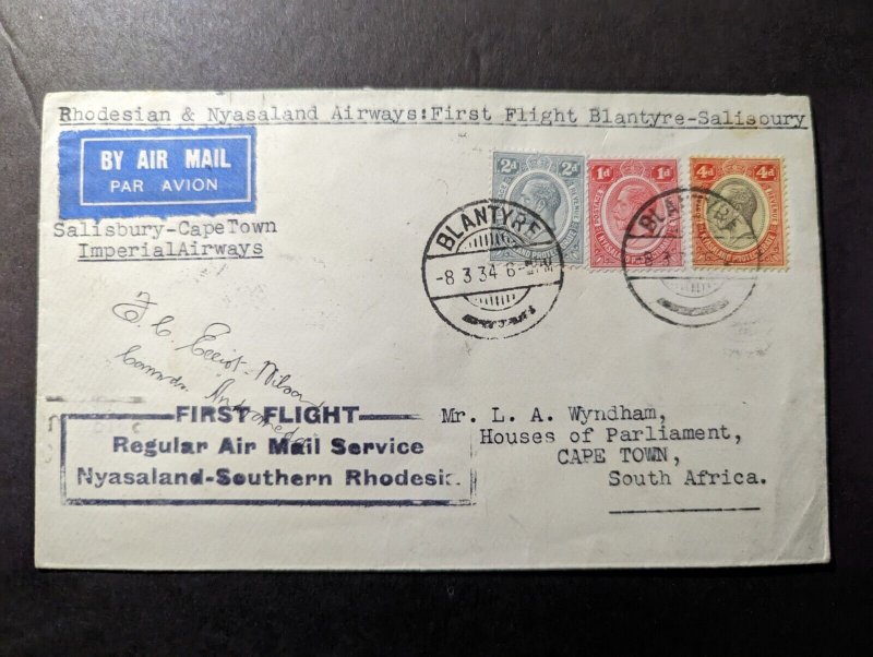 1934 British Nyasaland First Flight Cover FFC Blantyre to Cape Town South Africa