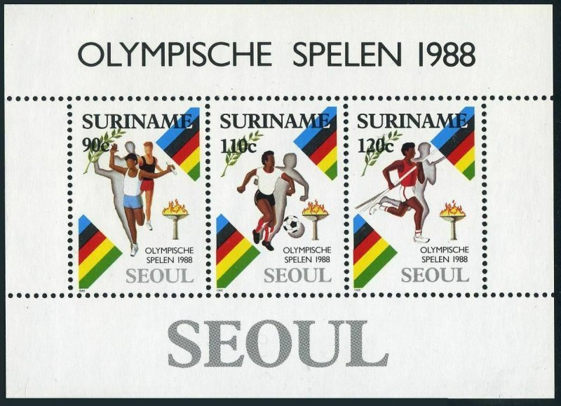 Surinam 814a,MNH.Michel Bl.47. Olympics Seoul-1988:Relay,Soccer,Pole Vault. 