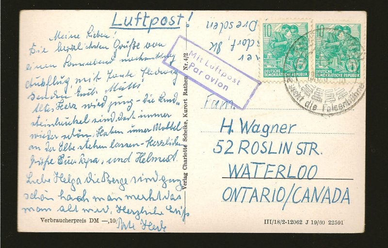 Germany DDR 227 Pair on PM 1960 to Canada Postcard Used