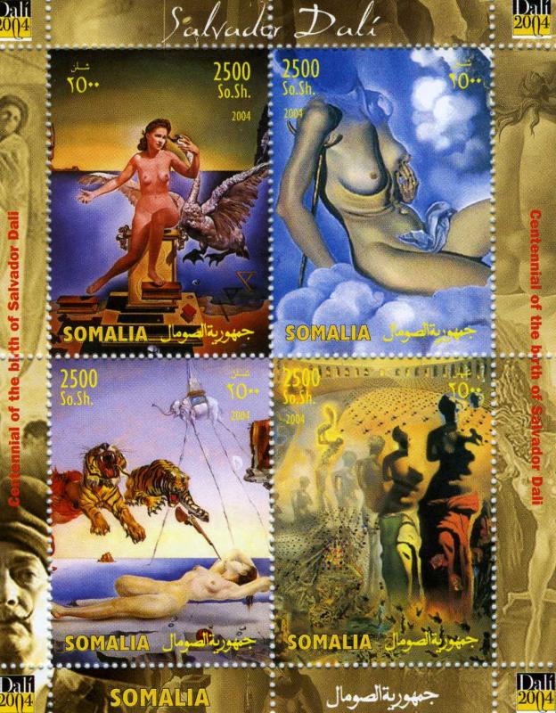 Somalia 2004 SALVADOR DALI Spanish Painter NUDES Sheet (4) Perforated Mint (NH)